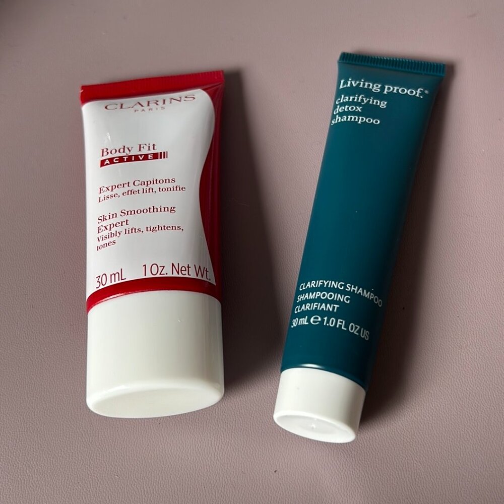 Clarins Body Fit Active cream & Living Proof clarifying detox shampoo